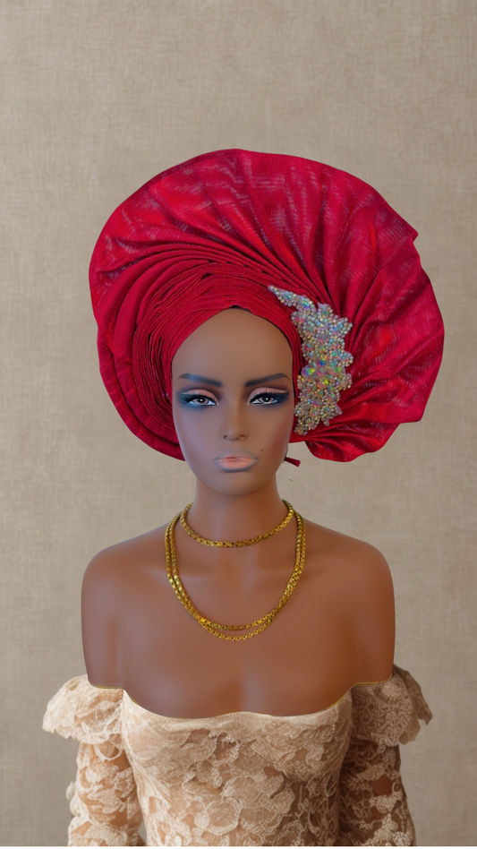 Scarlet Majesty Red Gele Hat with Silver Flower Fan Design