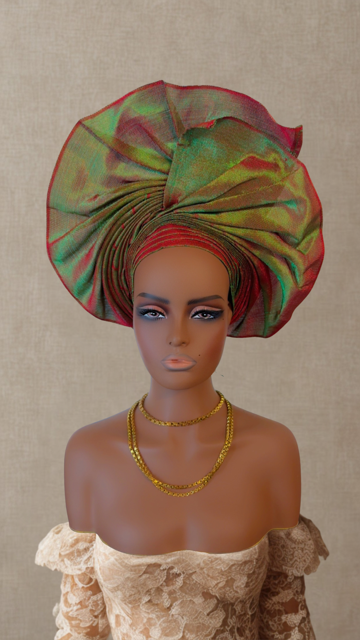 Vibrant Flame Green & Red Reflective Gele Hat – Fan Style Shine