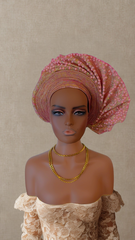 Blush Pearl Elegance Pink Gele Hat with All-Over Pearls