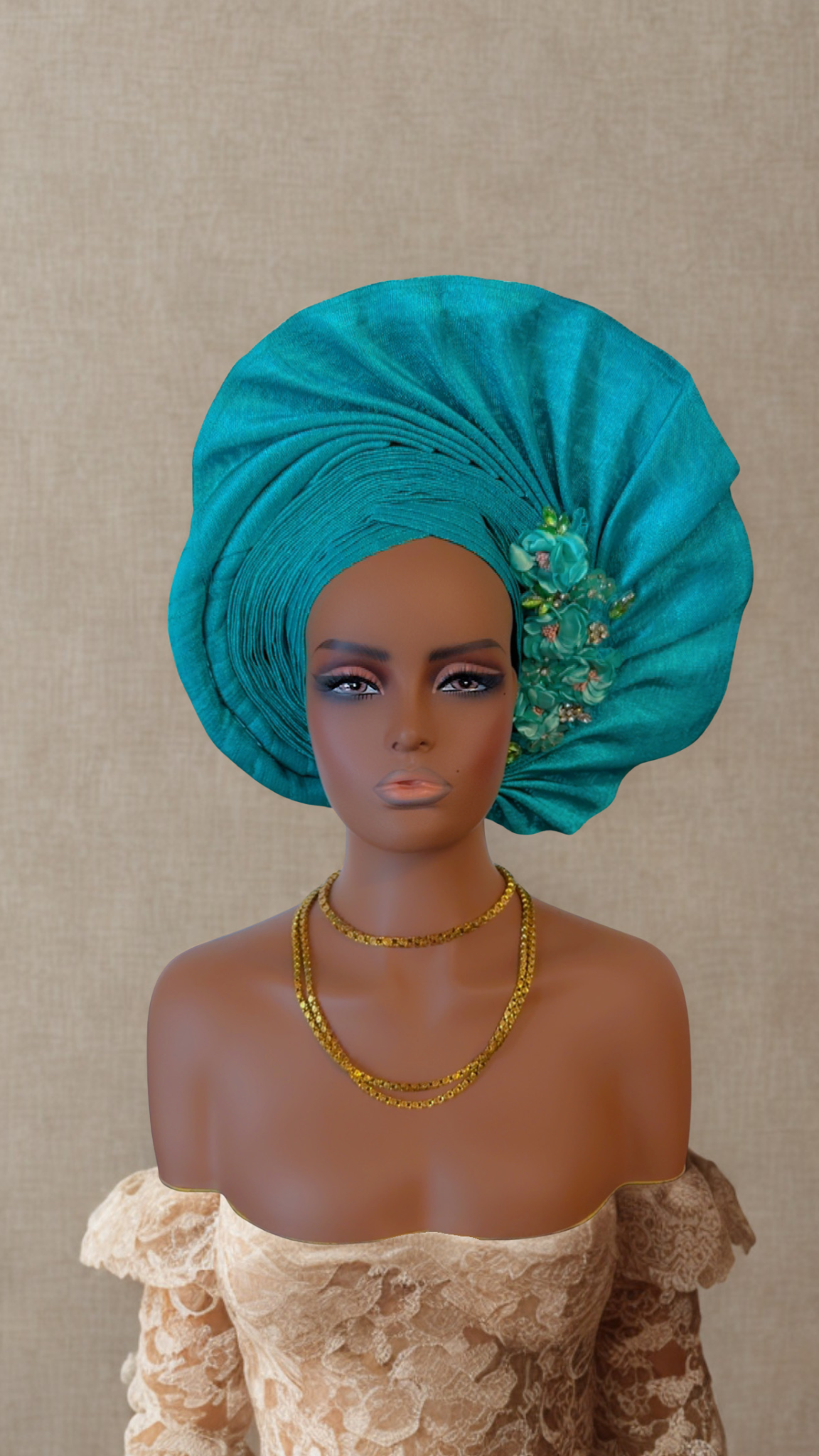 Turquoise Blossom African Gele Hat with Floral Accents